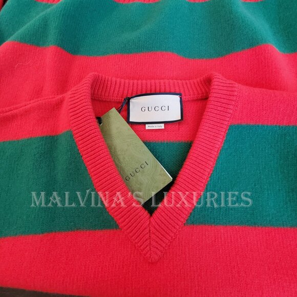 GUCCI MENS SWEATER RED GREEN FELTED WOOL STRIPED PULLOVER V-NECK - Picture 14 of 16